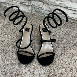 HTF White House Black Suede Market Black Crystal Wrap Strappy Heels 8